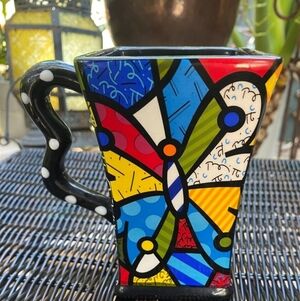 Romero Britto 2008 Colorful Butterfly Mug Black Multi-color Artsy